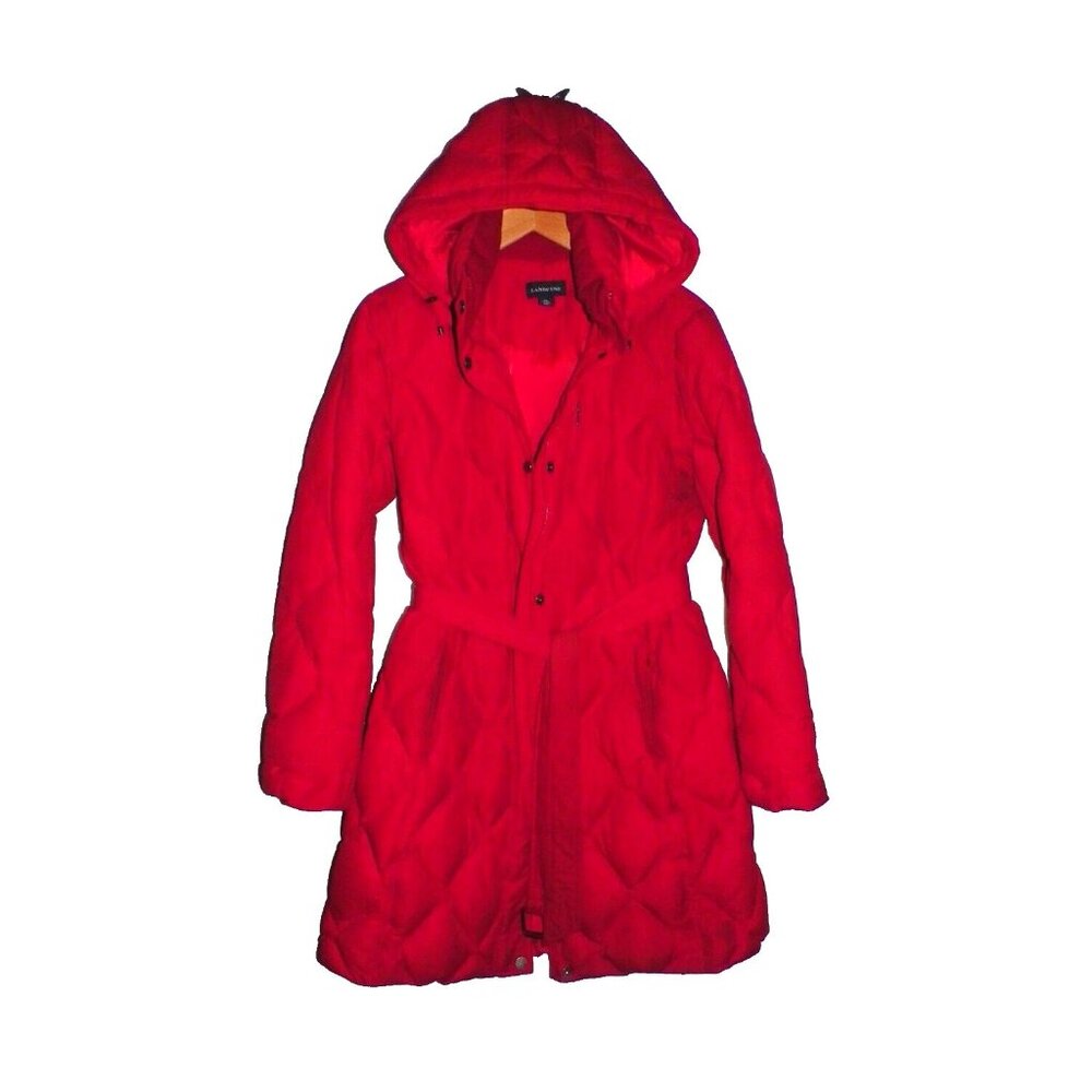 Women's M Lands End Women’s Red Diamond Quilted Down Jacket Coat Belted No Trim